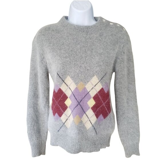 Vintage 1980 Filene's SM Lambswool Angora Argyle Sweater Shoulder Buttons Preppy - Picture 1 of 13
